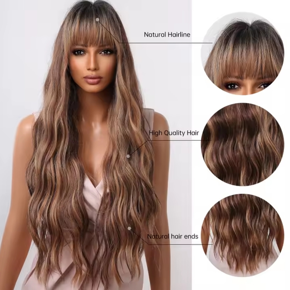 ALLAN EATON Long Wavy Ombre Highlight Synthetic w/Bangs Heat Resistant Wig - Picture 3 of 5